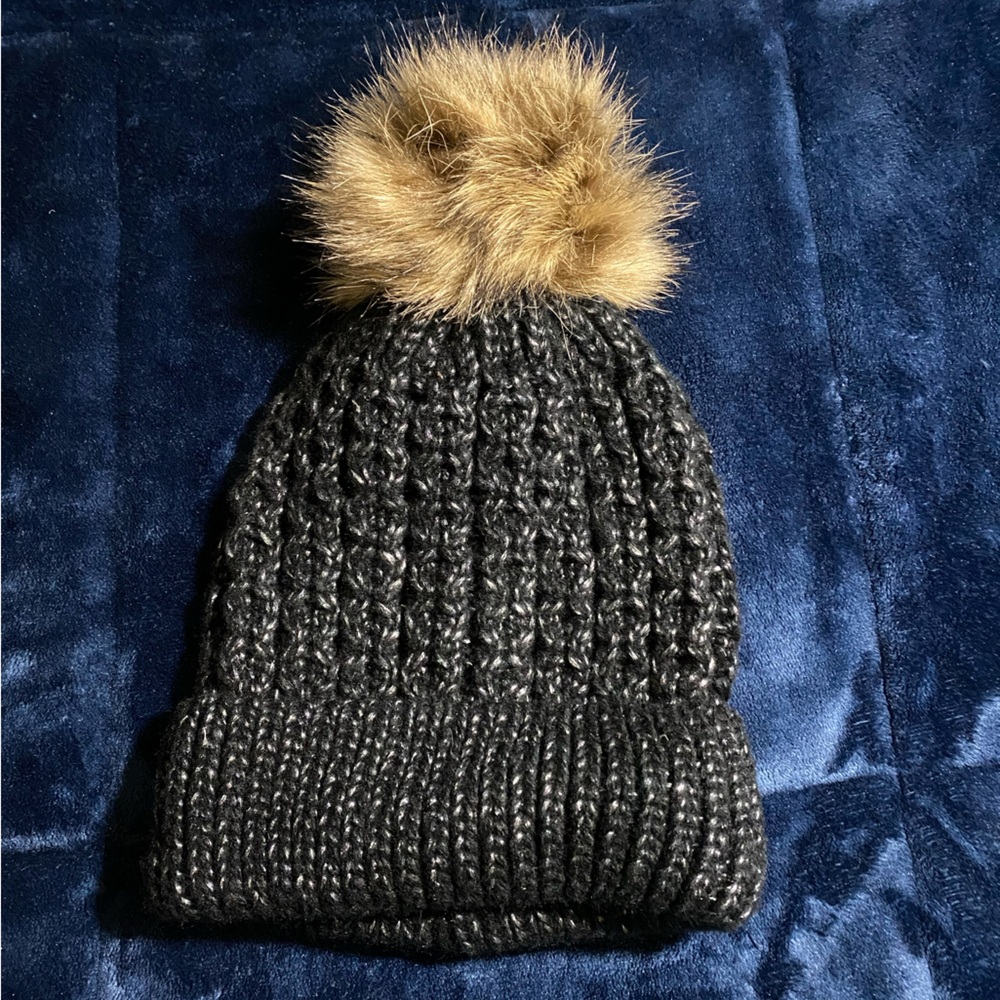 Black Knit Beanie with Faux Fur Pom